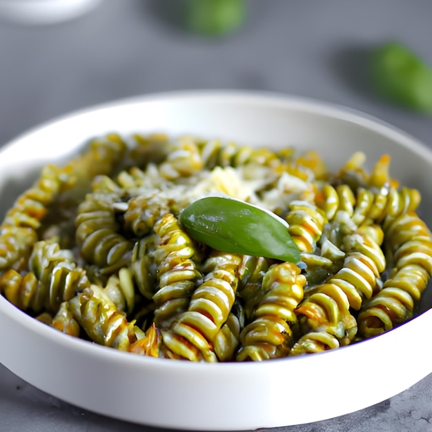 Foto pasta en espiral verde con queso rallado y albahaca en un tazón blanco sobre un fondo gris