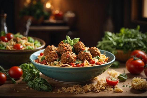 pasta farfalle de trigo duro con albóndigas de filete de pollo al horno en salsa de tomate y ensalada en un tazón