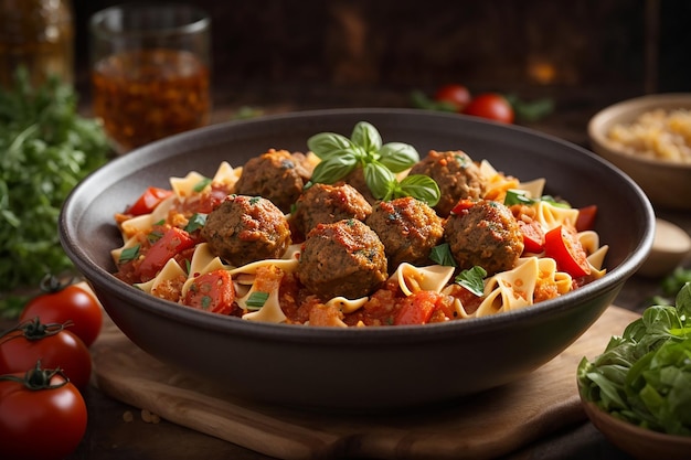 pasta farfalle de trigo duro con albóndigas de filete de pollo al horno en salsa de tomate y ensalada en un tazón