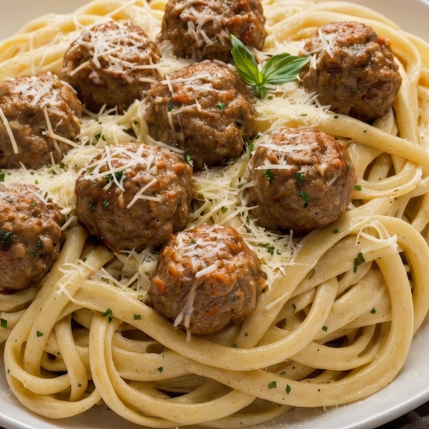 Foto pasta de fettuccine con albóndigas de carne y queso parmesano restaurante de lujo plato rico