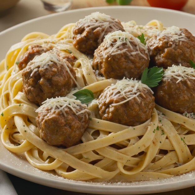 Pasta de fettuccine con albóndigas de carne y queso parmesano restaurante de lujo plato rico