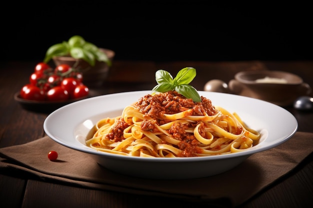 Pasta de fettuccine bolognese con salsa de tomate en un cuenco blanco