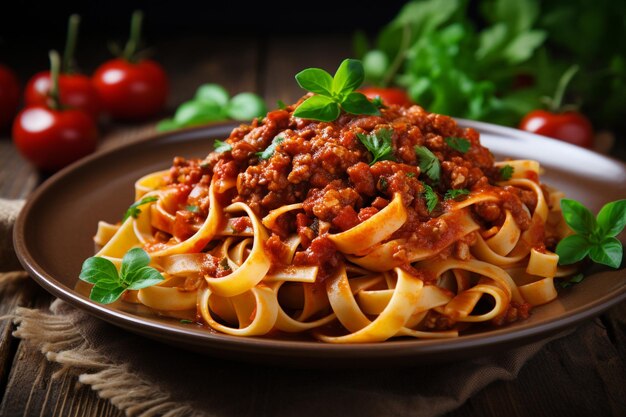 Pasta de fettuccine bolognese con salsa de tomate en un cuenco blanco