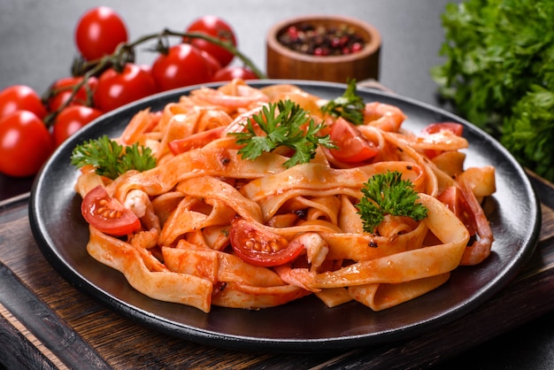 Pasta fettuccine con camarones, tomates cherry, salsa, especias y hierbas