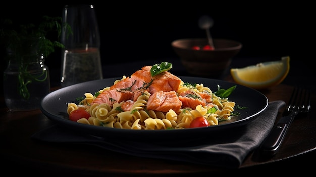 Pasta fettuccine con salmón ahumado y perejil sobre fondo negro generativo ai