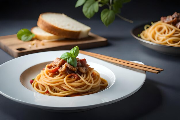Pasta, Fleischkugeln, Spaghetti, Tomatensauce, geriebener Parmesan-Käse