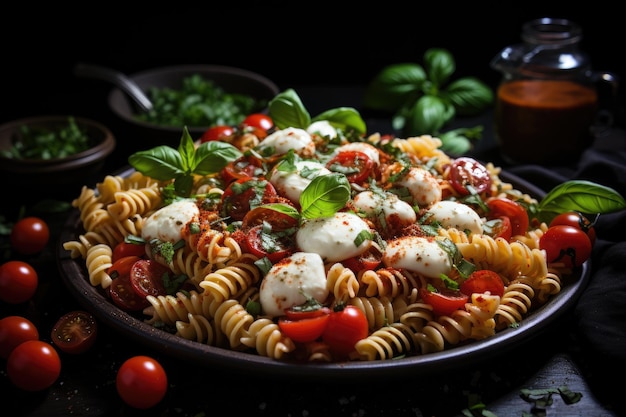 Pasta fredda alla caprese es una ensalada italiana compuesta de espaguetis fríos tomates frescos y mozza