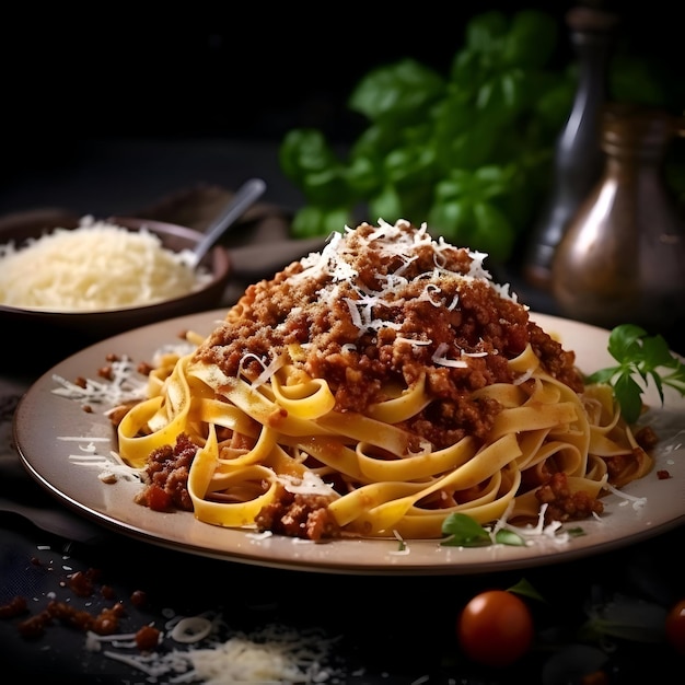 Pasta fresca con abundante boloñesa y queso parmesano Alta calidad