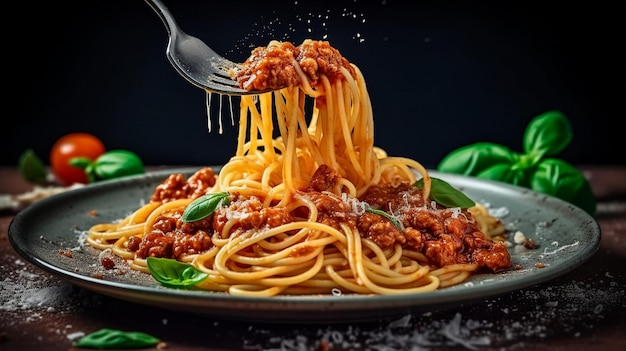 Foto pasta fresca con abundante boloñesa y queso parmesano