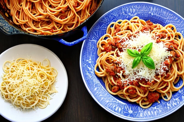 Pasta fresca con abundante boloñesa y queso parmesano