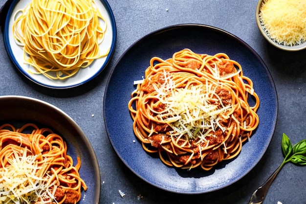 Pasta fresca con abundante boloñesa y queso parmesano