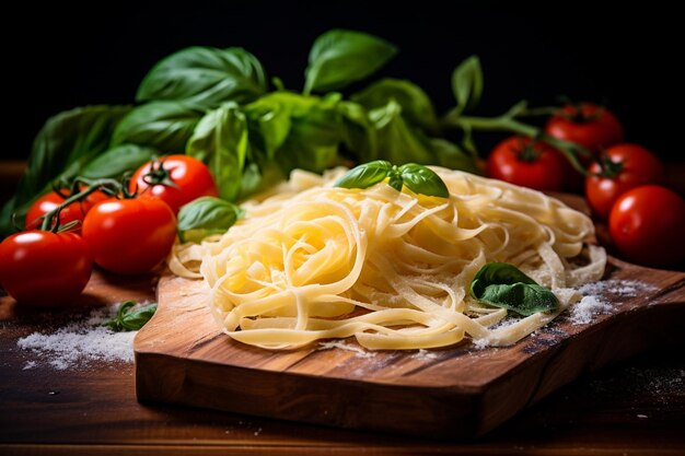 Pasta fresca de fettuccine com folhas de manjericão e tomate em uma tábua de madeira