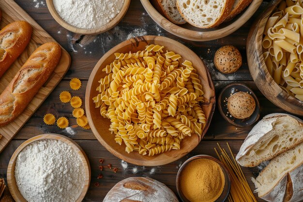 Pasta fresca y pan horneado en la mesa con IA generada