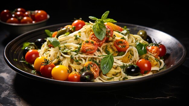 Foto pasta fría con mozzarella, cerezas, tomates y alcaparras