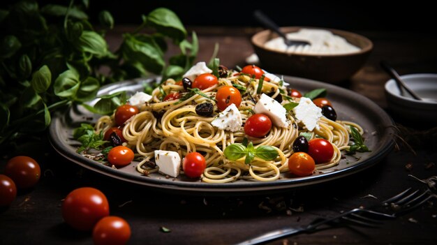 Foto pasta fría con mozzarella, cerezas, tomates y alcaparras