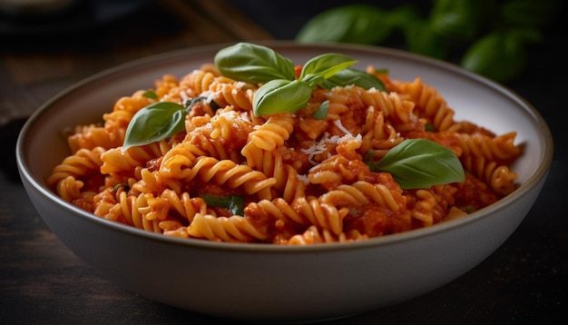 Pasta de fusilli fresca con tomate y hierbas generadas por IA