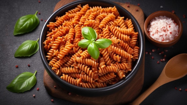 Pasta de fusilli con salsa de tomate y albahaca