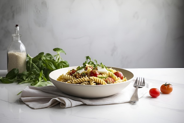 Pasta fusilli con tomate y albahaca en plato blanco