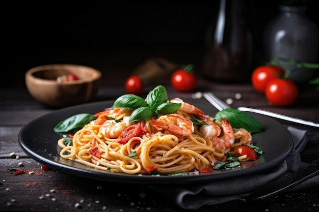 Pasta con gambas tomates y albahaca en plato blanco