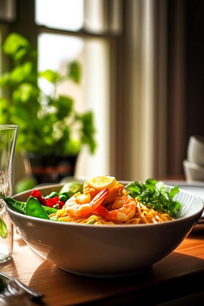 Pasta con gambas y verduras comida orgánica para el almuerzo o la cena sabrosa receta generativa ai