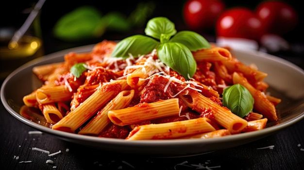 Pasta gourmet recién cocinada con salsa de tomate vegetariana saludable