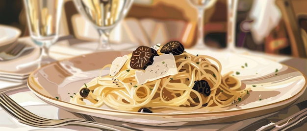Pasta gourmet con trufas en un plato blanco entorno elegante con copas de vino y iluminación cálida