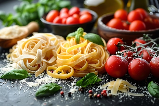 Pasta con ingredientes sobre un fondo oscuro