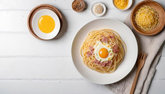 Pasta italiana clásica de espagueti alla carbonara con yema de huevo en una placa de cerámica blanca