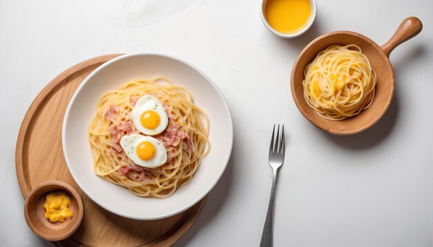 Pasta italiana clássica de espaguete alla carbonara com gema de ovo em placa de cerâmica branca