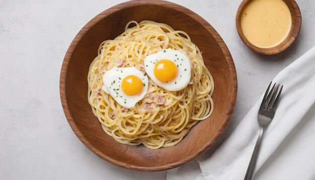 Pasta italiana clássica de espaguete alla carbonara com gema de ovo em placa de cerâmica branca