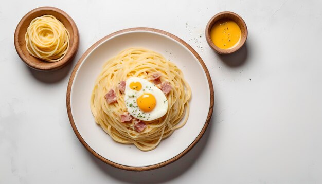 Pasta italiana clássica de espaguete alla carbonara com gema de ovo em placa de cerâmica branca