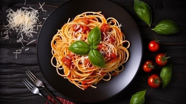 Pasta italiana clássica de espaguete com molho de tomate, queijo parmesão e IA generativa