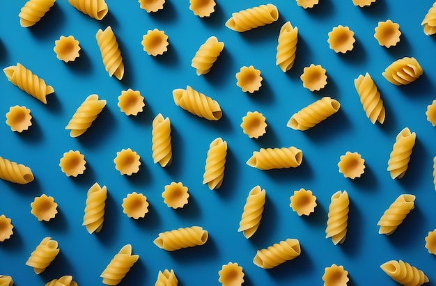 Foto pasta italiana de diferentes formas sobre um fundo azul ingrediente para cozinhar produto de farinha