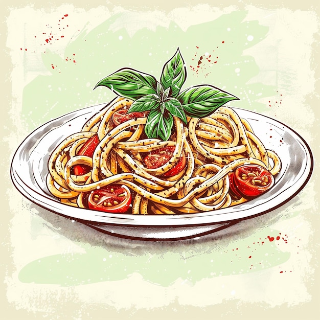 Pasta italiana dibujada a mano en un plato blanco con albahaca y tomate