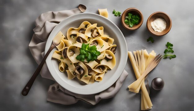 Pasta italiana de fettuccine casera con setas y salsa de crema en el cuenco de cerámica blanca