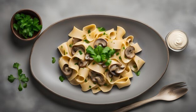 Foto pasta italiana de fettuccine casera con setas y salsa de crema en el cuenco de cerámica blanca