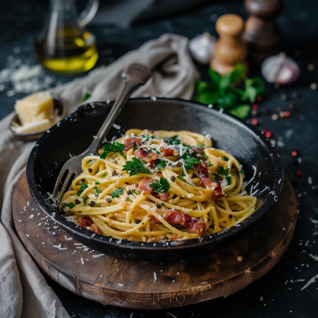 Pasta italiana gourmet Carbonara com bacon crocante e parmesão em fundo escuro