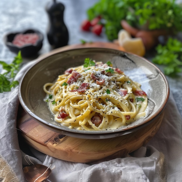 Pasta italiana gourmet Carbonara com bacon crocante e parmesão em fundo escuro