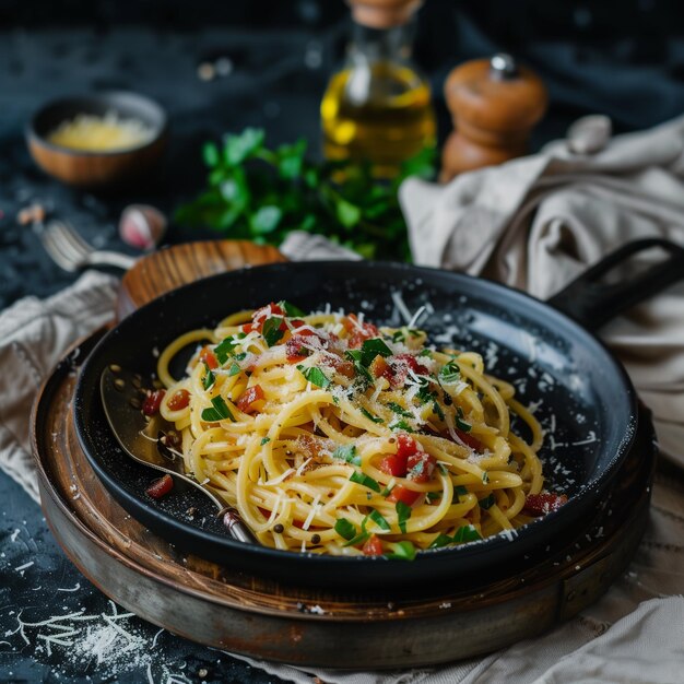 Pasta italiana gourmet Carbonara con tocino crujiente y parmesán en fondo oscuro