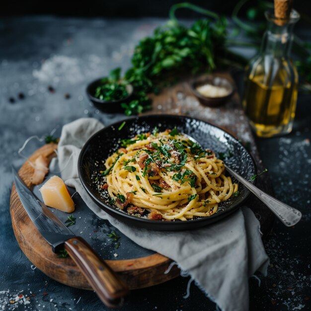 Foto pasta italiana gourmet carbonara con tocino crujiente y parmesán en fondo oscuro