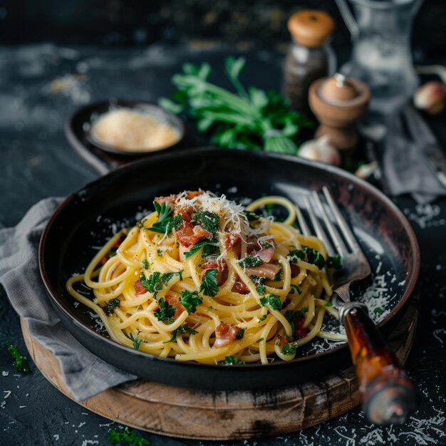 Pasta italiana gourmet Carbonara con tocino crujiente y parmesán en fondo oscuro