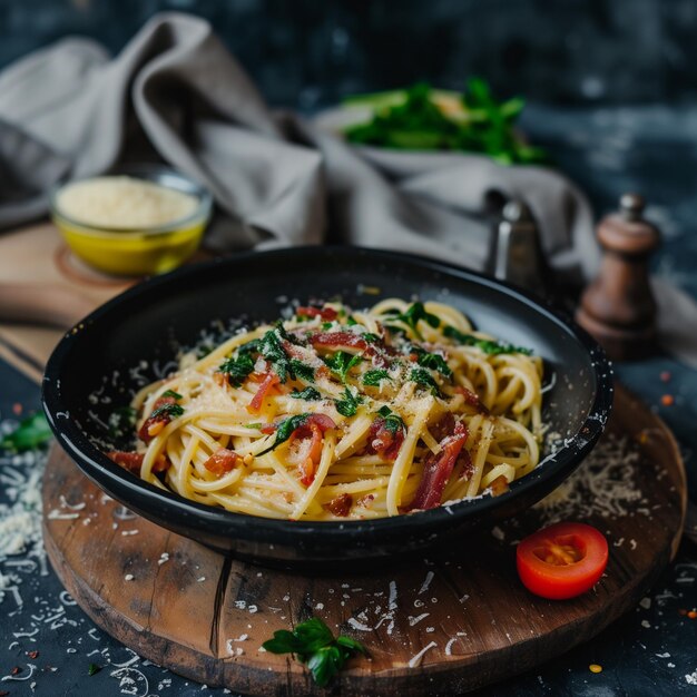 Pasta italiana gourmet Carbonara con tocino crujiente y parmesán en fondo oscuro