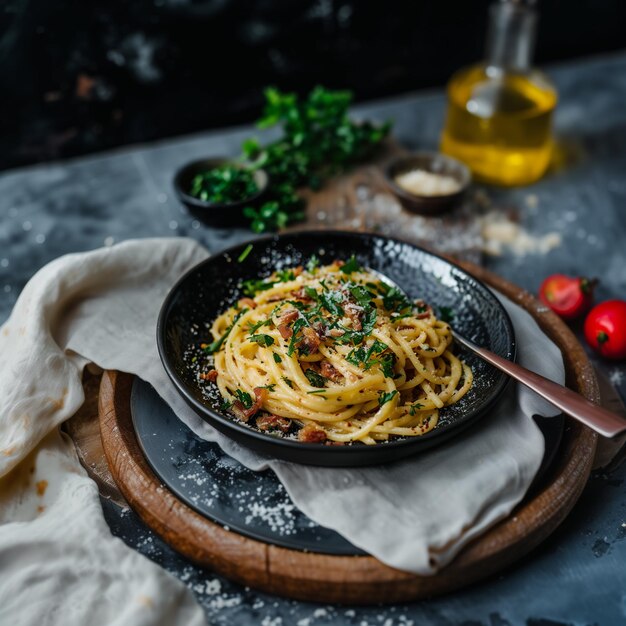 Foto pasta italiana gourmet carbonara con tocino crujiente y parmesán en fondo oscuro