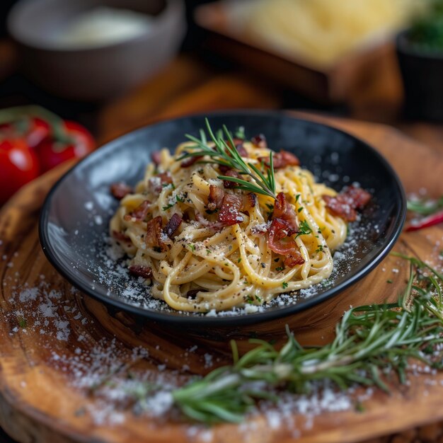 Foto pasta italiana gourmet carbonara con tocino crujiente y parmesán en fondo oscuro