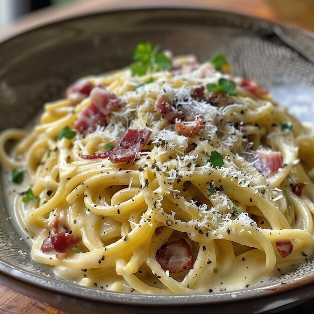 Pasta italiana gourmet Carbonara con tocino crujiente y parmesán en fondo oscuro