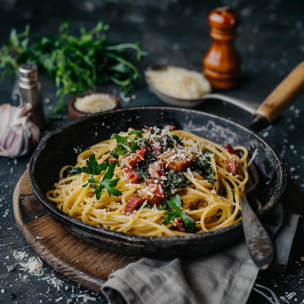 Pasta italiana gourmet Carbonara con tocino crujiente y parmesán en fondo oscuro