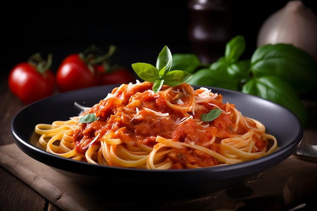 Pasta italiana Marinara Un plato de espaguetis con salsa y hojas de albahaca sobre una mesa