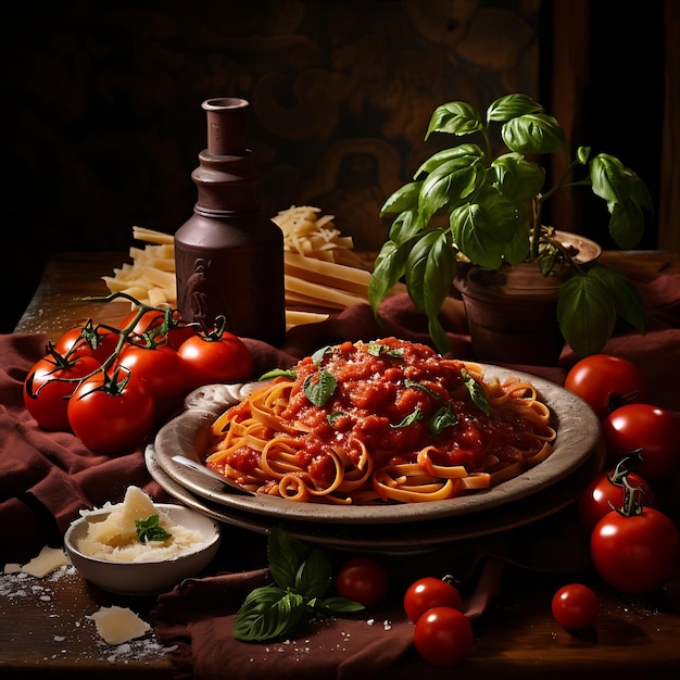 Pasta italiana penne com manjericão e queijo parmesão fresco em mesa escura Pasta penne com molho