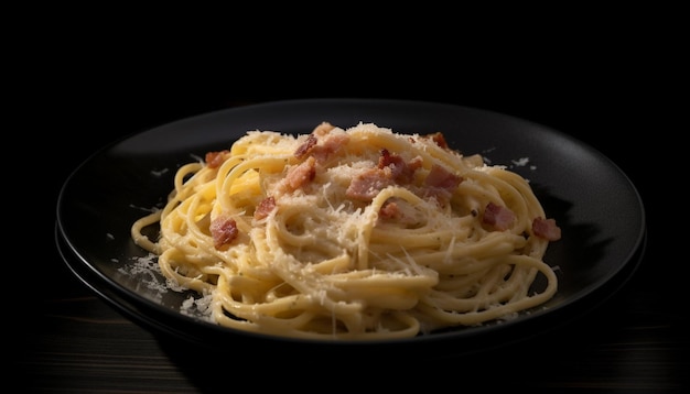 Pasta italiana recién cocinada con queso parmesano en vajilla generada por inteligencia artificial