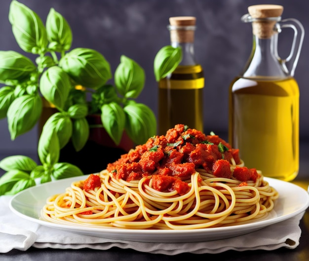 pasta italiana con salsa de tomate y hojas de albahaca